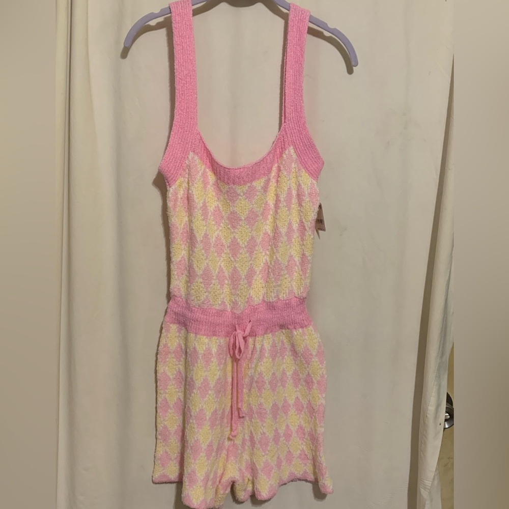 Pink & Cream Knit Romper - Sleeveless Drawstring Waist